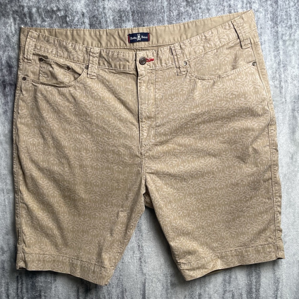 Psycho Bunny AOP Logo Pattern Chino Shorts Men's 44 R Beige Khaki 10" Inseam
